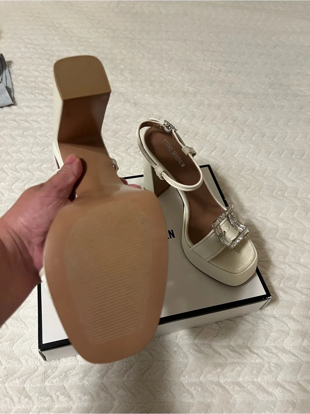 Steve Madden Ivory Satin Block Heel Sandals with Crystal Buckle